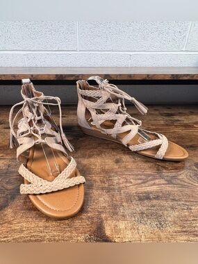 Sonoma Sandals Madeleine Gladiator Taupe 1" Heel Lace Up Braided Zip Up Women 10